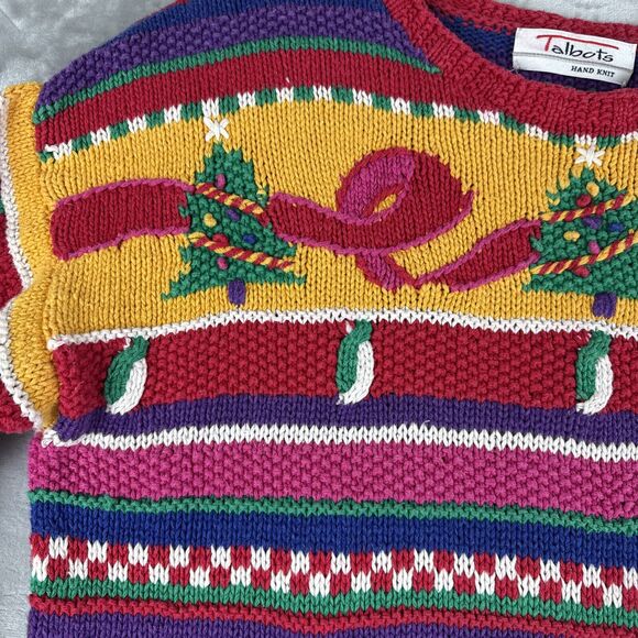 Vintage Talbots Hand Knit‎ Christmas Sweater Women's L Colorful Uglycore (1039) - Picture 3 of 9